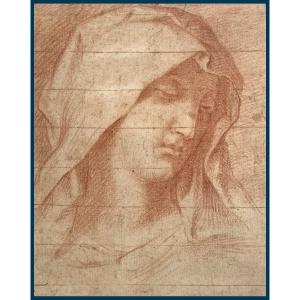 French School Late 17th - Early 18th Century "virgin's Head" Drawing/red Chalk