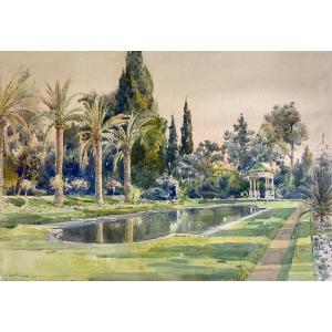 Ugo Cossetini (1881–1953) "garden Of The Villa Ephrussi De Rothschild" Watercolor, Signed,dated