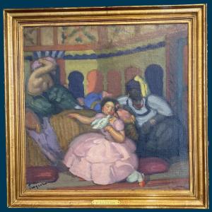 Fargeot Ferdinand (1880–1957) "the Harem" Oil On Canvas, Signed, Giltwood Frame 19th Century
