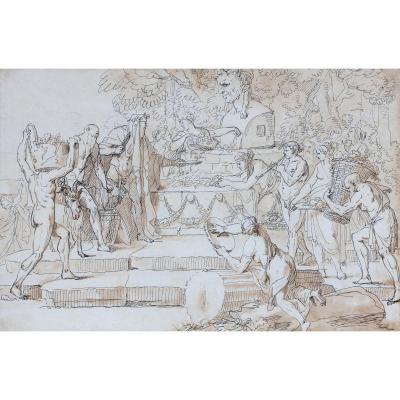 "mythological Scene" Drawing, Pen And Brown Wash, Attributed To Jean-jacques Lebarbier