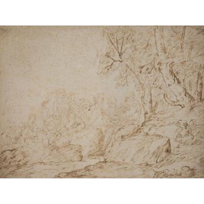 "bélisaire At The Bulgarians Camp" Drawing Pen And Brown Wash, 17th Century Italian School