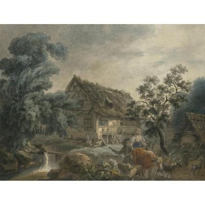 "peasants In Front Of A Cottage" Watercolor & Pen, George Morland, Attribut. To, English School