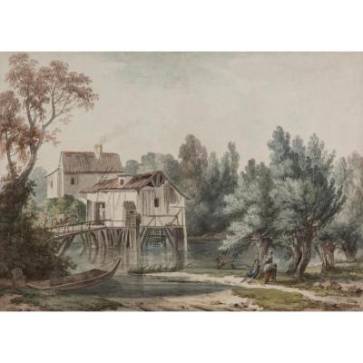 "landscape Animated Along A River" Watercolor, Louis Gadbois