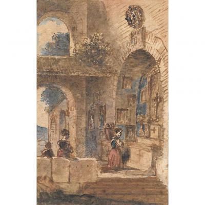 "woman Praying" Victor Jean Nicolle, Pen And Watercolor