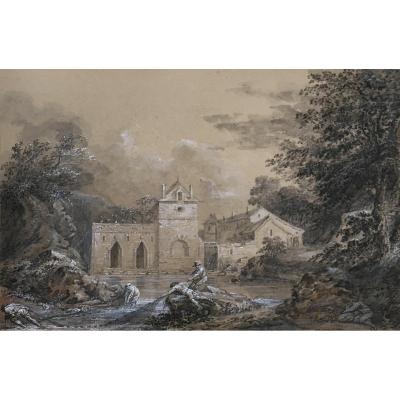 "landscape And Fishermen" Paul Gregoire, Drawing Late 18th Century, Lavis Gray