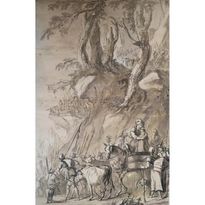 ECOLE  FRANÇAISE 18E "Paysage et personnages" Dessin/Plume et lavis brun