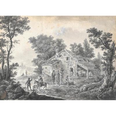 Perignon Alexis Nicolas, Said "l'ancien", "animated Landscape" Drawing, Pen/gray Wash, Signed