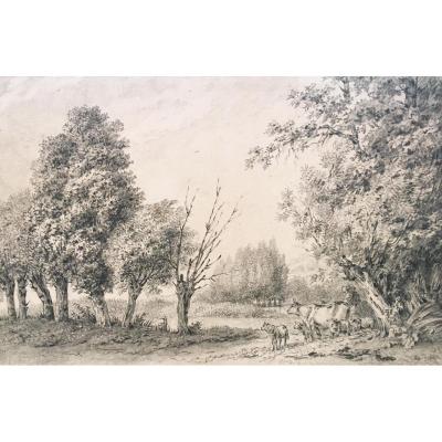 Huet Jean-baptiste, Attributed To, "animated Landscape" Drawing, Black Chalk