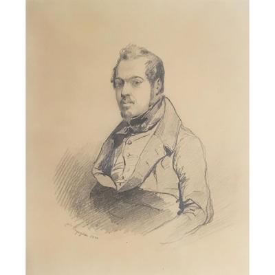 Roqueplan Camille "self-portrait Presumed" Black Pencil Drawing, Signed And Dated