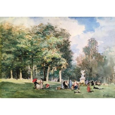 Mornard Louise Valentine De, "park Scene" Drawing, Black Pencil And Watercolor, Signed