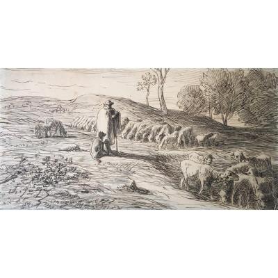 Jacque Charles "shepherd And Sheep" Drawing In Black Pencil And Pen, Signed