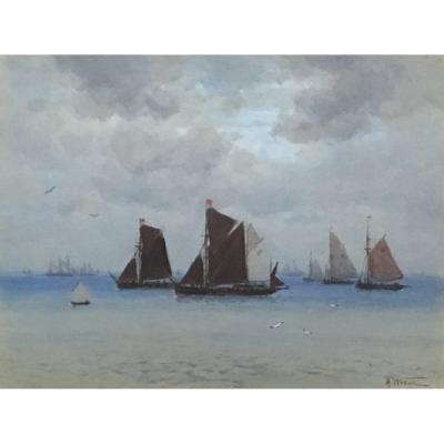 Weber Theodore (1838-1907) "seascape" Watercolor, Signed, Frame 19th