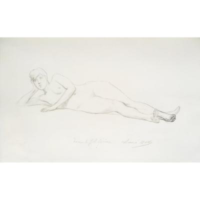 Gerome Jean Léon (1824-1904) "nu Allongé" Dessin Au Crayon Noir, Annoté Et Contresigné