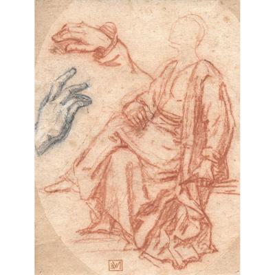 Italian School 17th "draped Figure & Study Of Hands" Drawing / Red Chalk, Black Stone, Provenance