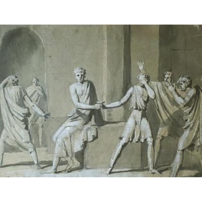 French School Late 18th "mythological Scene" Drawing With Gray Wash And White Gouache
