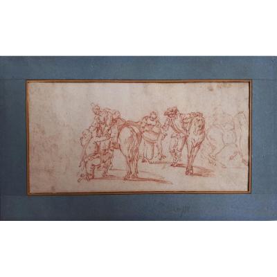 Flemish School Late 17th "characters And Horses" Drawing In Red Chalk