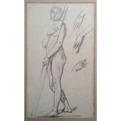 Lehmann Henri (1814-1882) "character And Study Of Hands" Drawing In Black Pencil