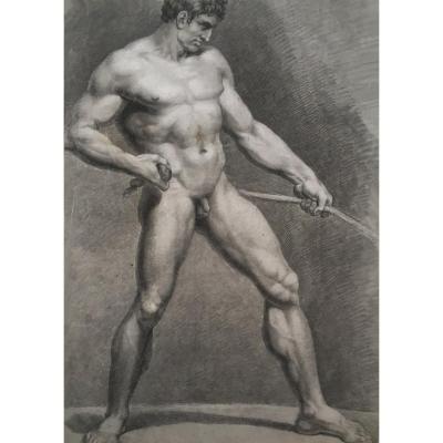 Benvenuti Pietro (1769-1844) "academy Of Man" Drawing With Black Chalk