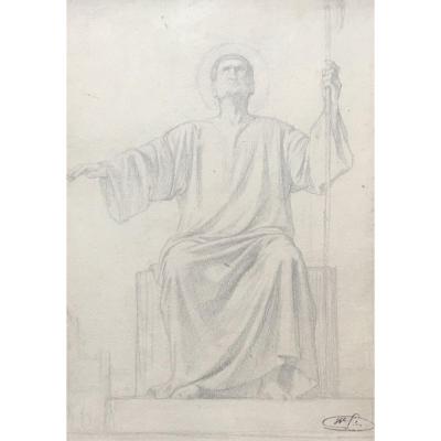Flandrin Hippolyte (1809-1864) "a Seated Saint" Drawing/black Pencil, Signed/signature Stamp