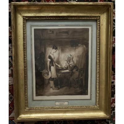 Tassaert Octave (1800-1874) "the Fortune Teller" Drawing/brown Wash, Signed, 19th Frame