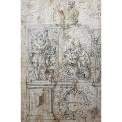 Italian School Late 17th "virgin And Child And St John The Baptist" Drawing / Black Chalk