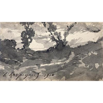 Harpignies Henri (1819-1916) School Of Barbizon "landscape" Drawing/gray Wash,signed,dated