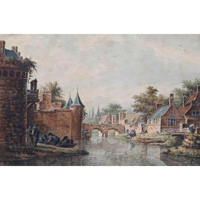 Verryk Dirk (1734-1786) Dutch School "characters By A River" Watercolor