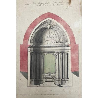 French School 18th Century "study Of An Altar" Drawing/pen, Gray Wash And Watercolor
