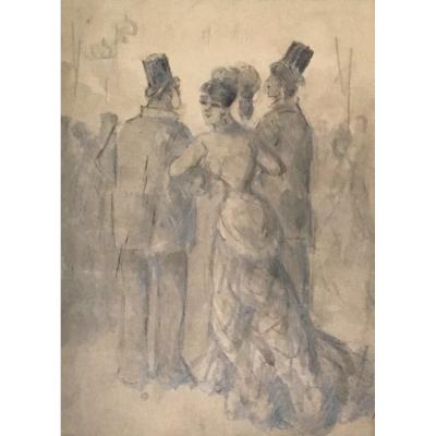 Guys Constantin (1802-1892) "elegant On The Arms Of Two Gentlemen" Drawing/black Pencil, Wash