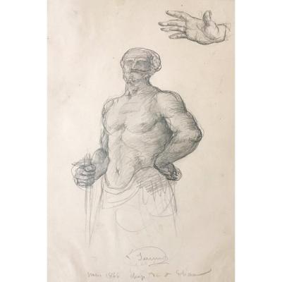 Janmot Louis (1814-1892) "study Of A Shirtless Man And Hand" Drawing / Black Pencil, Signed, Dated, Located