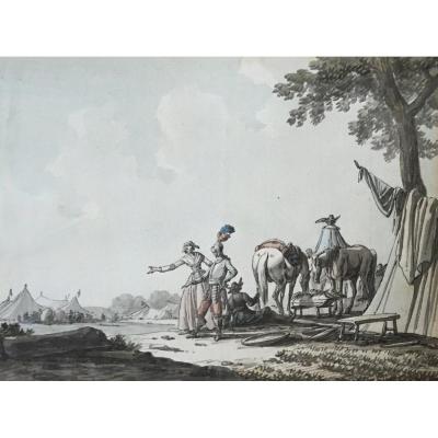 Swebach-desfontaines Joseph (1769-1823) "the Camp" Drawing/pen, Gray Wash And Watercolor