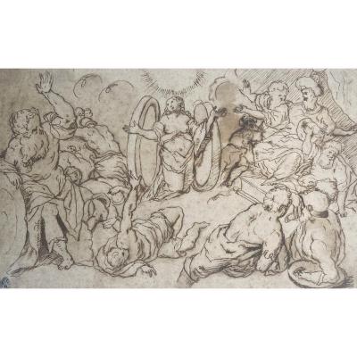 Italian School 17th "religious Scene" Drawing/pen, Provenance Former Collection Giuseppe Valardi