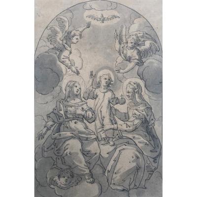 North School End Of 17th "christ, The Virgin And Saint Anne" Drawing / Pen And Gray Wash