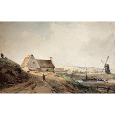 Gudin Théodore (1802-1880) "landscape With The Mill" Watercolor, Signed And Dated