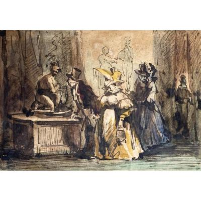 Monnier Henry (1799-1877) "at The Museum" Drawing/pen And Watercolor