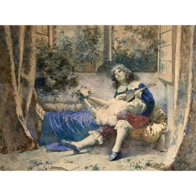 Italian School 19th Century "elongated Woman And Musician" Watercolor