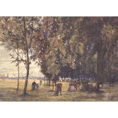 Clery Edouard (19th Century) "animated Landscape And Boats" Watercolor, Signed And Dated