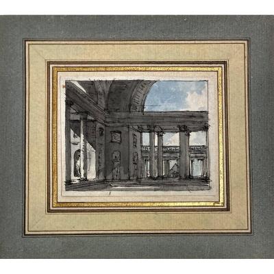 Nicolle Victor-jean (1754-1826) "interior Of A Palace" Drawing/pen And Watercolor