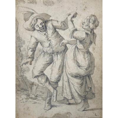 North School 18th "man And Woman Dancing" Drawing/black Chalk And Gray Wash
