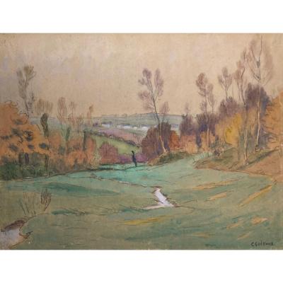 Guilloux Charles (1866-1946) "landscape" Drawing/black Pencil And Watercolor
