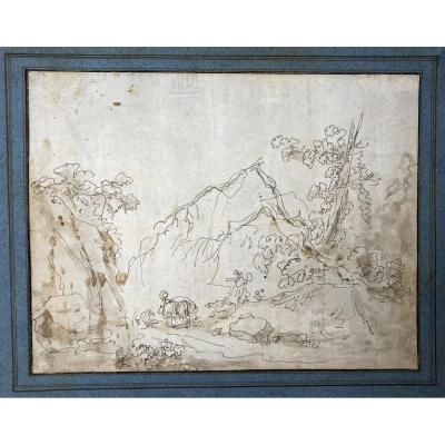 Robert Hubert (1733-1808) Attributed To "animated Landscape" Drawing/pen And Brown Wash