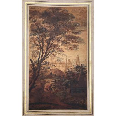 Leguay Charles Etienne (1762-1846) Attr To"animated Landscape & Architecture" Drawing/pen &wash