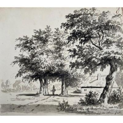 Schoenmaker Johannes Pietersz (1755-1842) "landscape And Rider" Drawing/gray Wash, Signed
