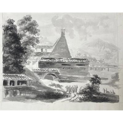 Epinat Fleury (1764-1830) "landscape Of Italy" Drawing In Gray Wash