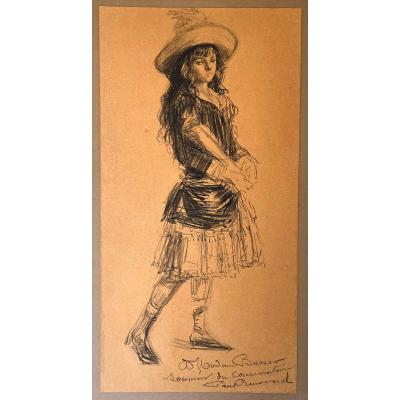 Renouard Paul (1845-1924) "young Girl" Drawing In Black Pencil, Signed