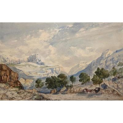 Crapelet Louis Amable (1822-1867) "landscape With The Carriage" Watercolor, Signed
