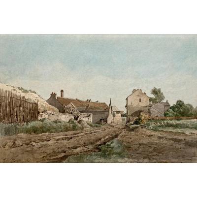 Le Roux Louis Eugène (1833-1905) "landscape At The Farm" Watercolor, Signed