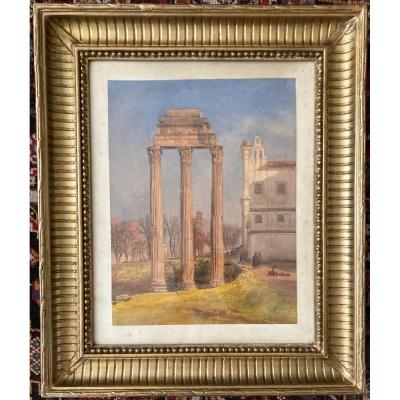 Girard Pierre (1806-1872) "three Columns Of The Temple Of Castor & Pollux" Watercolor, Annotated On The Back