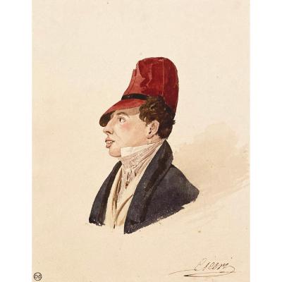 Ciceri Charles (1782-1868) "head Of A Dandy" Watercolor, Signed, Collection Stamp