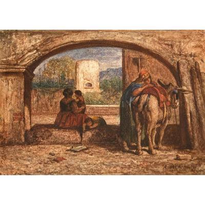 Herst Auguste (1825-1895) "characters And Donkey" Watercolor, Signed